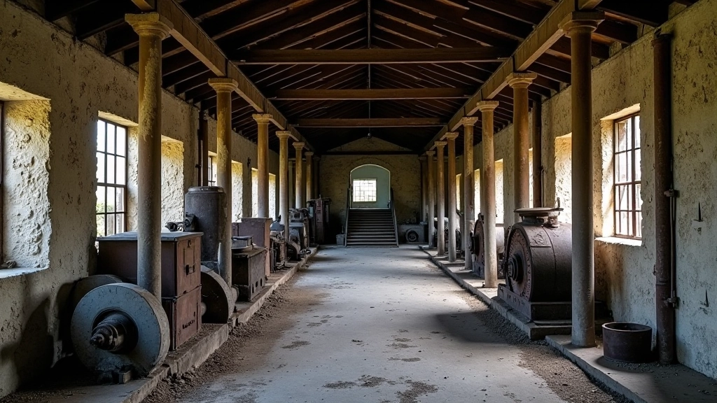 Interior de casa de máquinas con columnas de hierro, sistemas de transmisión, muros de piedra en ruinas de central azucarera